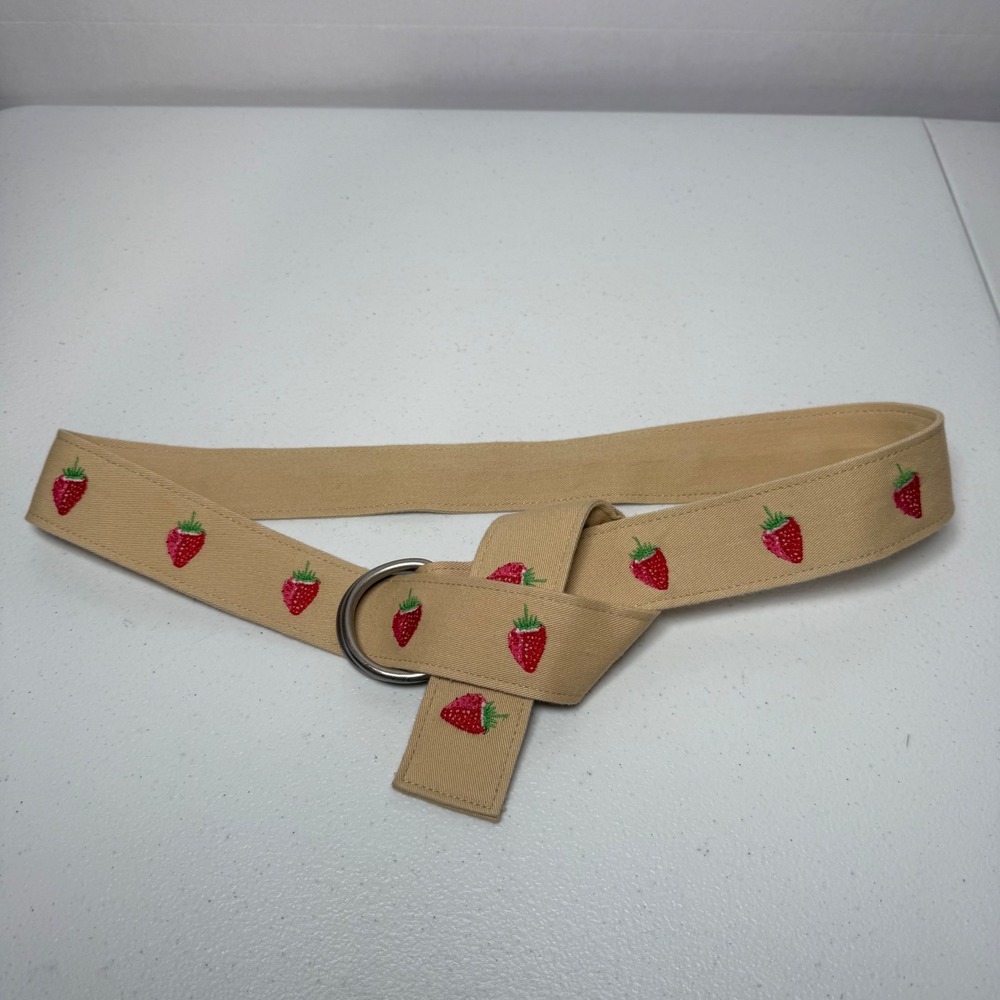 J. Crew Y2k Embroidered Strawberry Cotton Double Ring Belt Size MED-LGE